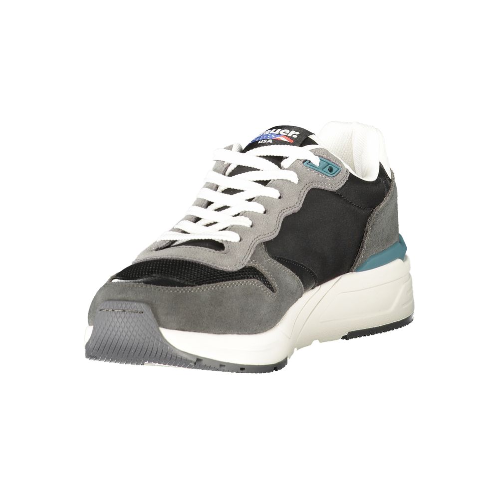 Blauer Black Leather Men Sneaker with sporty laces and bold logo, blending polyester, leather, and polyethylene for durability and style.