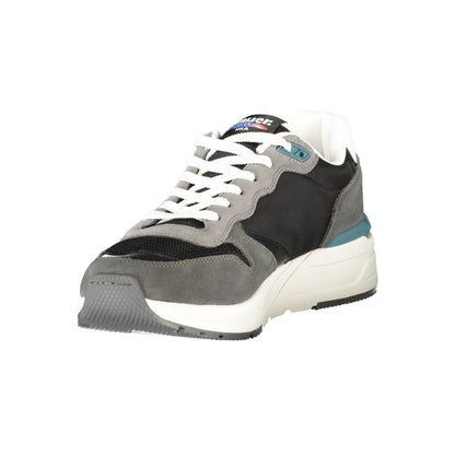 Blauer Black Leather Men Sneaker with sporty laces and bold logo, blending polyester, leather, and polyethylene for durability and style.