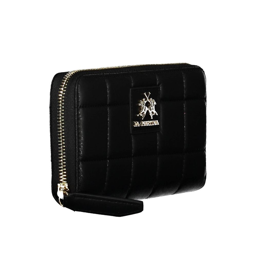 La Martina Black Polyethylene Handbag with 4 compartments, coin purse, card spaces, contrasting details, zip closure, and logo emblem.