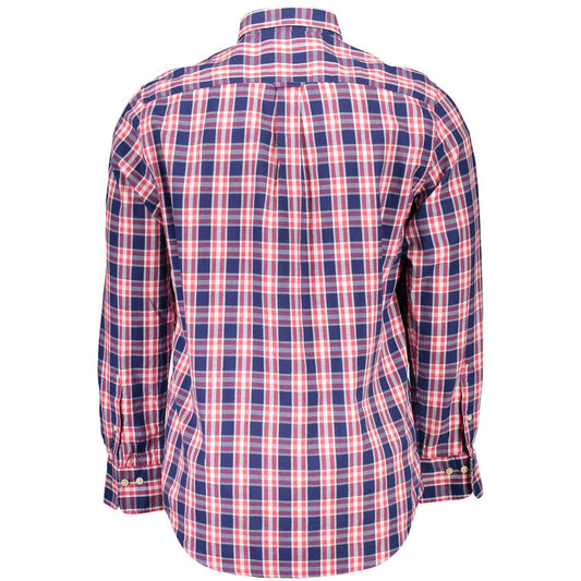 Back view of Gant Blue Cotton Shirt with long sleeves and button-down collar, featuring a plaid pattern.