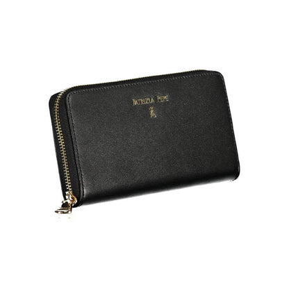 Patrizia Pepe Black Leather Wallet with zip closure, 6 compartments, card spaces, and coin purse.