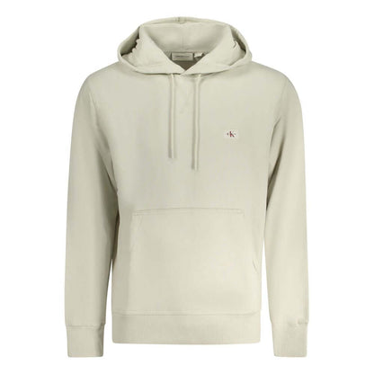 Calvin Klein Beige Cotton Men Sweater with hood and appliqué logo, featuring a cozy interior and central pocket for stylish comfort.