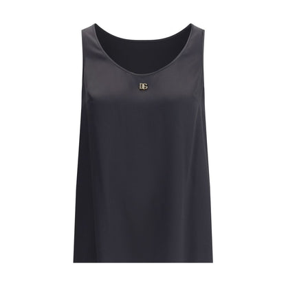 Dolce & Gabbana Black Silk Top, elegant sleeveless design with logo plaque, 100% silk, made in Italy, perfect for sophisticated looks.
