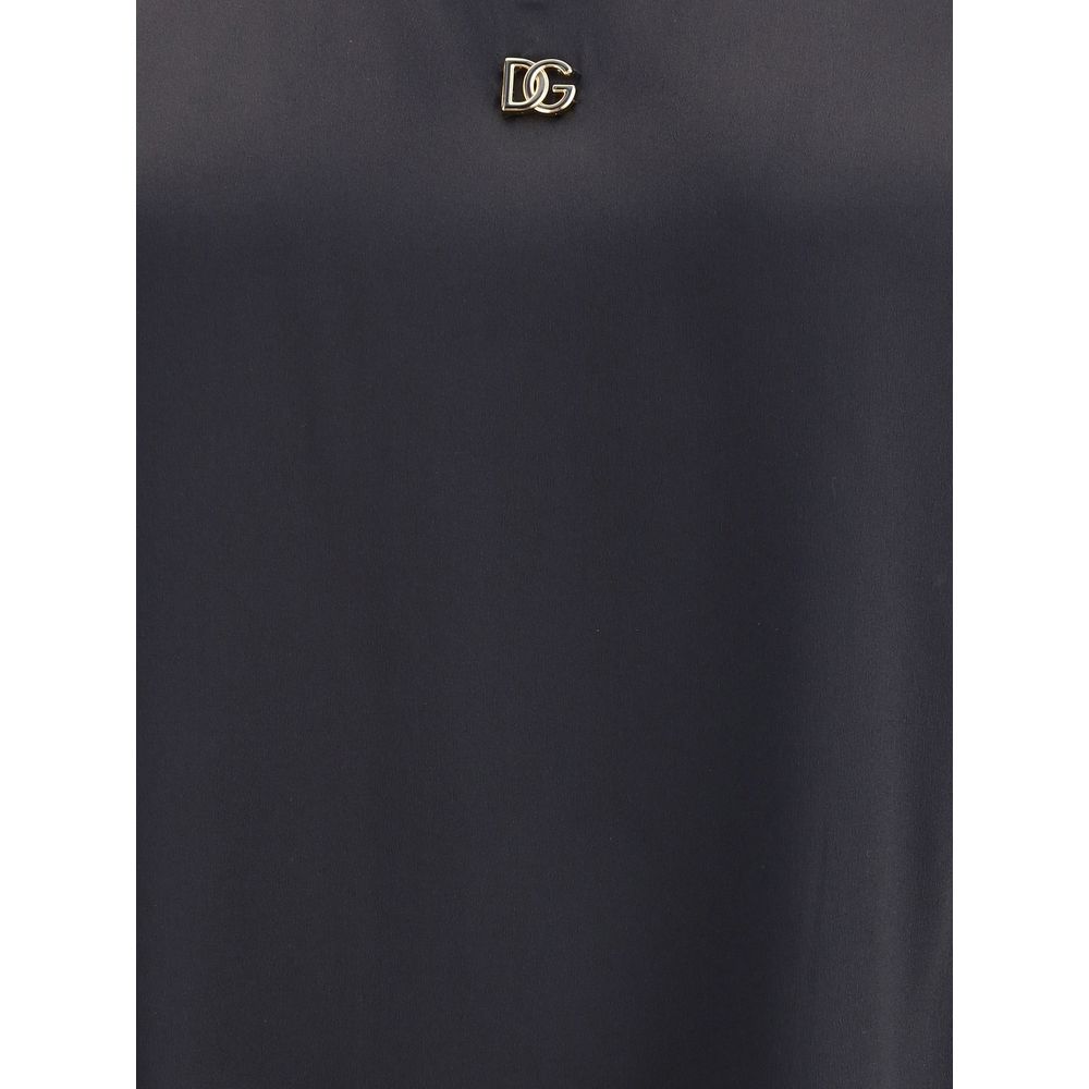 Dolce & Gabbana Black Silk Top with logo plaque, elegant sleeveless design, 100% silk, perfect for sophisticated looks, AW25 collection.