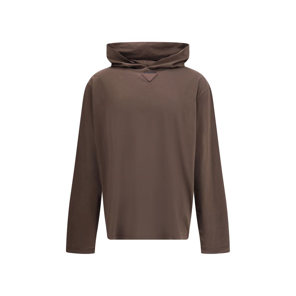 Prada Brown Cotton Sweatshirt with triangular logo patch, lightweight and minimalist design for a casual sophisticated look.