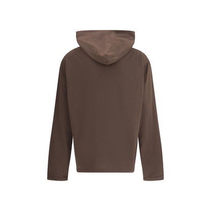 Back view of Prada Brown Cotton Sweatshirt with hood, featuring minimalist design and iconic triangular logo patch.