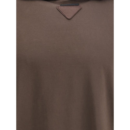 Prada Brown Cotton Sweatshirt with triangular logo patch, showcasing minimalist design and lightweight fabric.