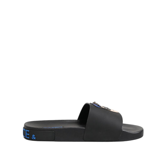 Dolce & Gabbana Black Leather Slides Flats Beachwear Shoes