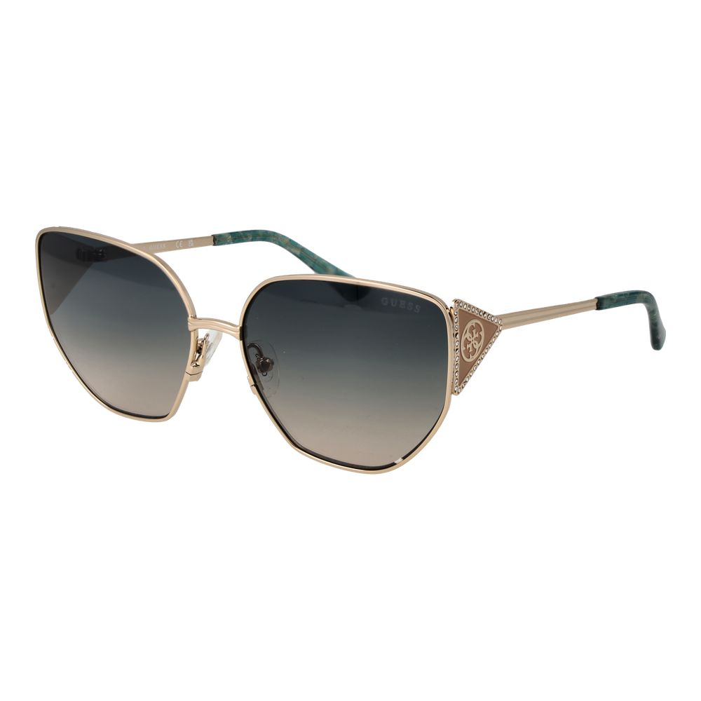 Guess Gold Women Sunglass with gold metal full-rim frame, green gradient lenses, butterfly style, includes branded case, offers 100% UVA & UVB protection.