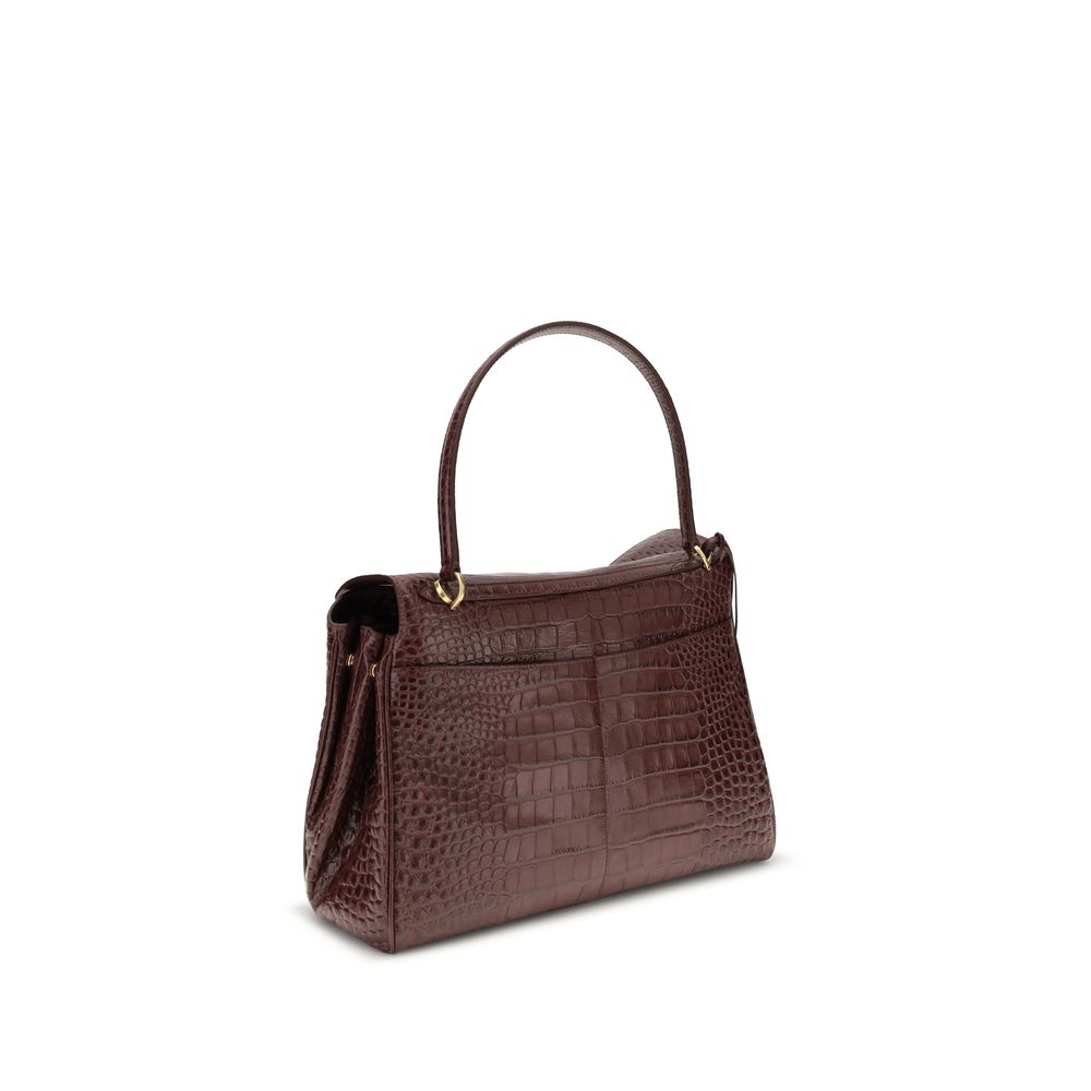 Balenciaga Brown Calf Leather Bos Taurus Handbag with crocodile-effect and detachable handle, showcasing back panel pocket.