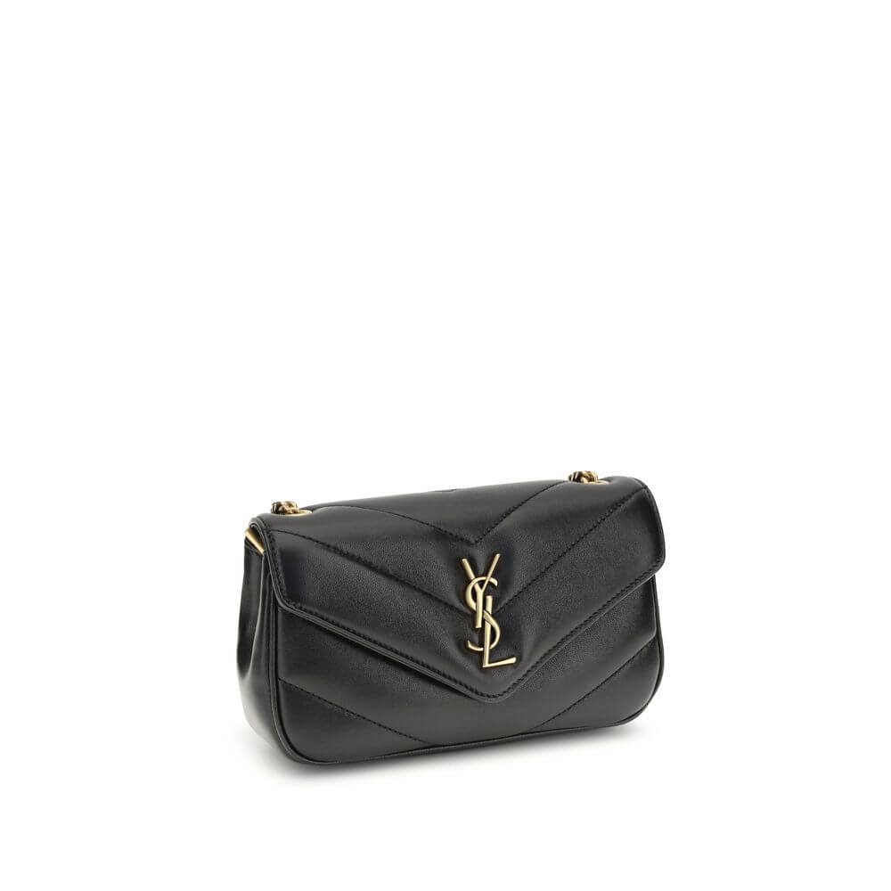 Saint Laurent Black Lamb Ovis Aries Aries Shoulder Bag with YSL logo, quilted leather, and chain handle.