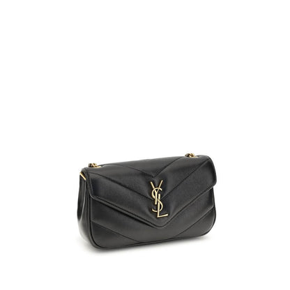 Saint Laurent Black Lamb Ovis Aries Aries Shoulder Bag with YSL logo, quilted leather, and chain handle.