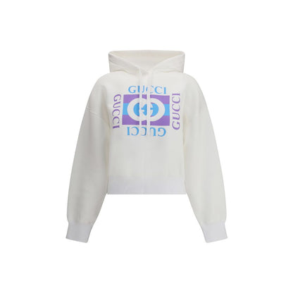 Gucci White Cotton Sweatshirt featuring vintage logo print and adjustable hood, perfect for a stylish and comfortable look.