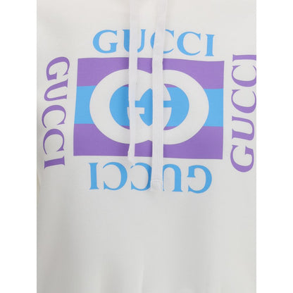 Gucci White Cotton Sweatshirt with vintage logo print, adjustable drawstring hood, and ribbed trim for a modern fit.