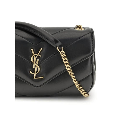 Saint Laurent Black Lamb Ovis Aries Aries Shoulder Bag with quilted leather and YSL logo, featuring a gold chain handle.