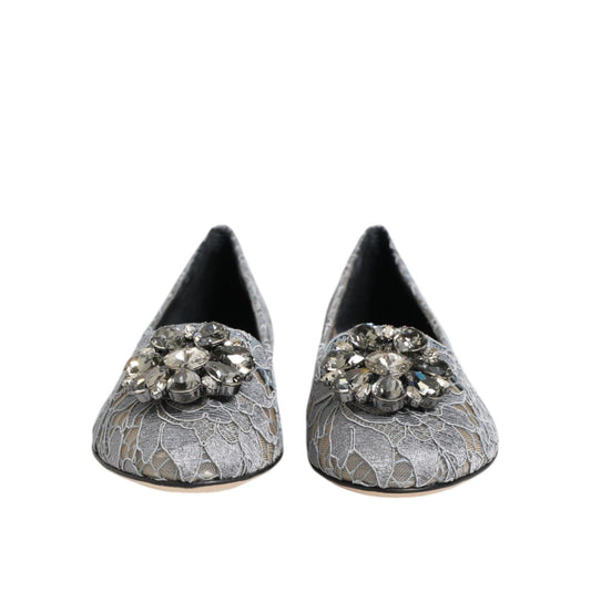 Dolce & Gabbana Gray Taormina Lace Crystals Flats Shoes