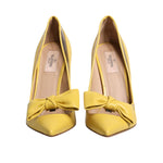 Valentino Yellow Patent Leather PVC Bow Heels Pumps Shoes with bows and pointed toes, elegant women's fashion footwear.