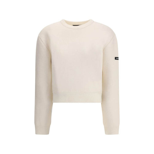 Balenciaga White Wool Sweatshirt showing a classic crew neck and logo patch on sleeve with ribbed cuffs and hem for a casual look.