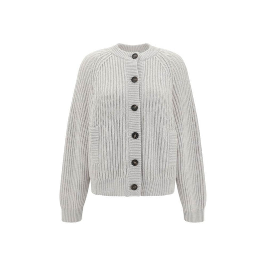 Brunello Cucinelli White Cashmere Cardigan with raglan sleeves and contrasting buttons, featuring ribbed cuffs and hem for structured elegance.