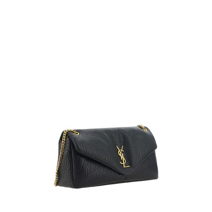Saint Laurent Black Lamb Ovis Aries Aries Shoulder Bag with iconic YSL logo, magnetic flap, and gold chain handle.