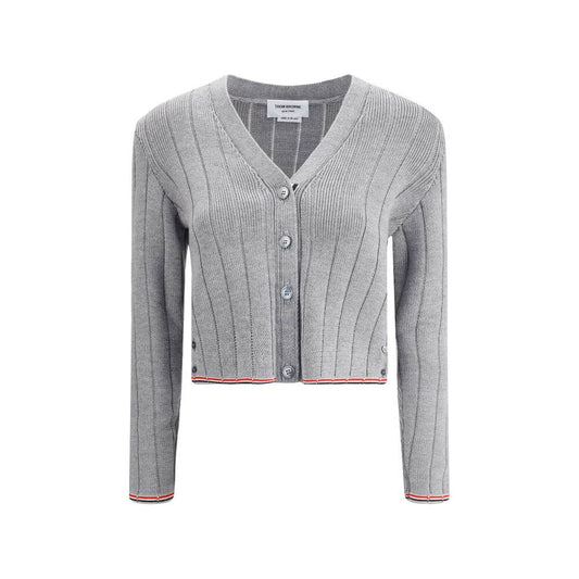 Thom Browne Gray Fleece Wool Cardigan with ribbed V-neck design and iconic bands on hem for Fall-Winter 2025