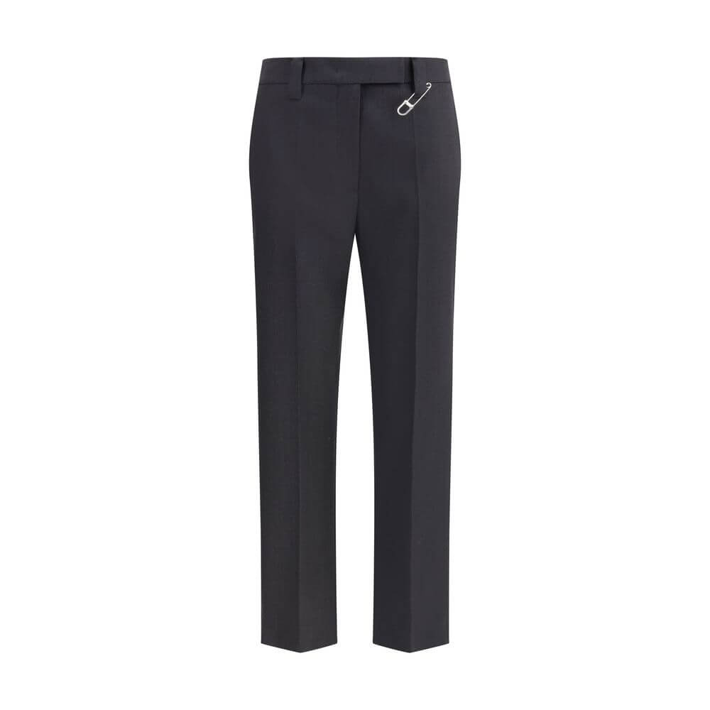 Prada Gray Fleece Wool Dress Pants with high waist, straight-leg, maxi safety pin, and pockets, AW25 season design.