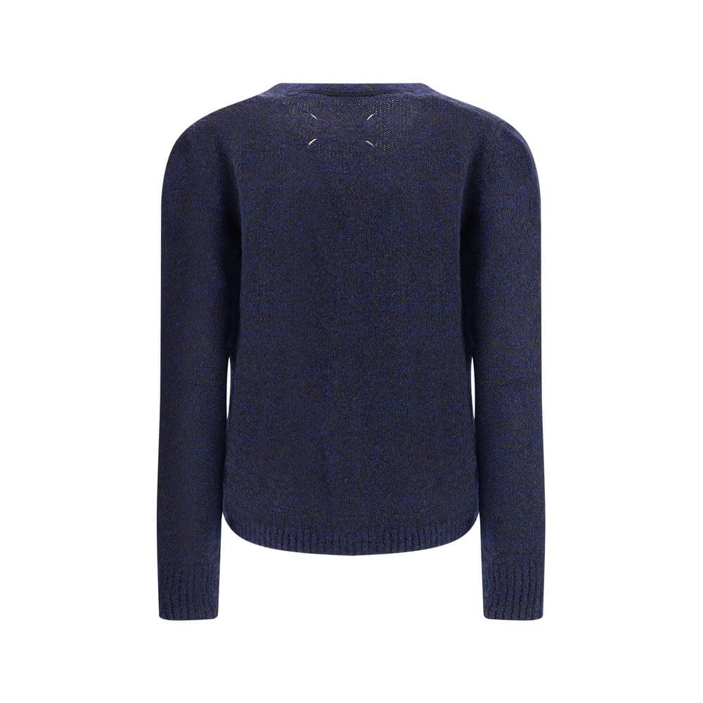 Back view of Margiela Blue Wool Cardigan with ribbed edges and signature four stitches, showcasing elegant minimalist design.