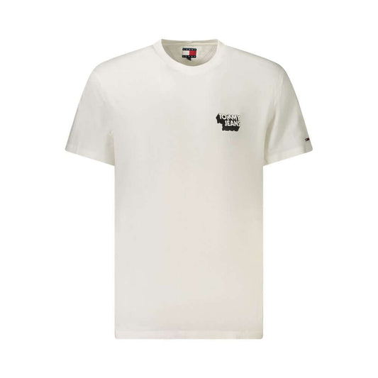 Tommy Hilfiger White Cotton Men T-Shirt featuring logo on chest, short sleeves, crew neck for sustainable casual wear.