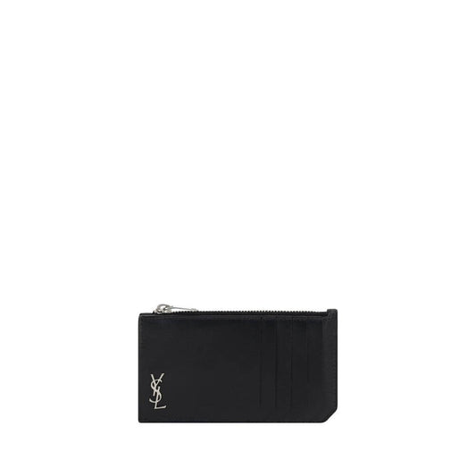 Saint Laurent Black Calf Leather Bos Taurus Wallet featuring YSL logo and card slots with zipper closure.