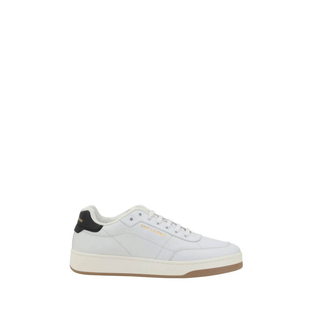 Saint Laurent White Calf Leather Bos Taurus Low Top Sneakers with lace-up front and iconic monogram on side panel, flat sole.