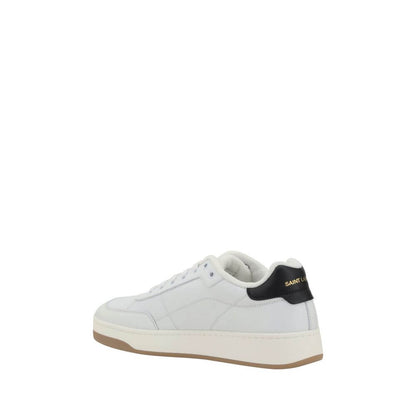 Saint Laurent White Calf Leather Bos Taurus Low Top Sneakers with monogram on side and heel, showcasing a branded insole and flat sole.