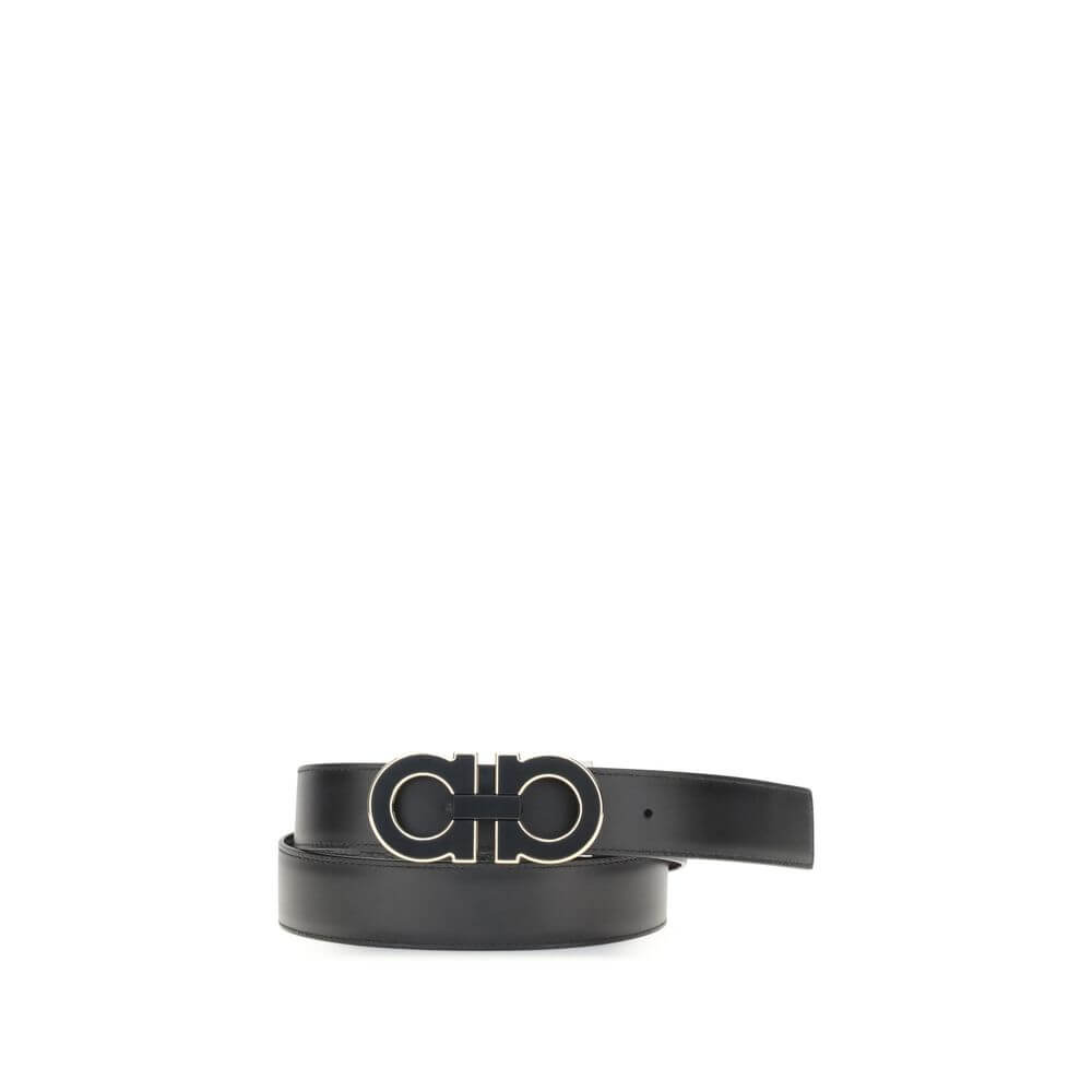 Ferragamo Black Calf Leather Bos Taurus Regular Belt with Gancini buckle, reversible design and golden border, AW25 season.