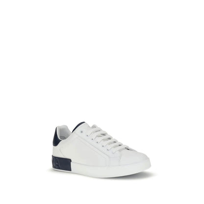 Dolce & Gabbana White Calf Leather Bos Taurus Low Top Sneakers with heel detail and logo stripe on a clean white design.