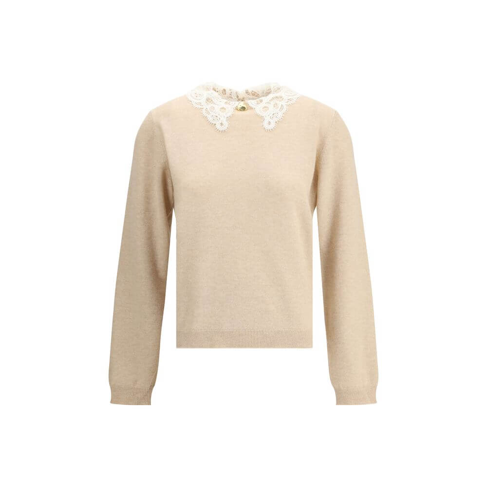 Fabiana Filippi Beige Fleece Wool Sweatshirt with lace collar and gold button front, featuring ribbed hem and cuffs for a feminine look.