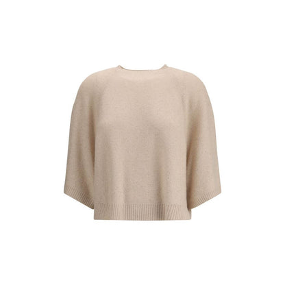 Fabiana Filippi Beige Fleece Wool Sweatshirt with ribbed crew neck and 3/4 sleeves featuring sequin details, AW25 collection.