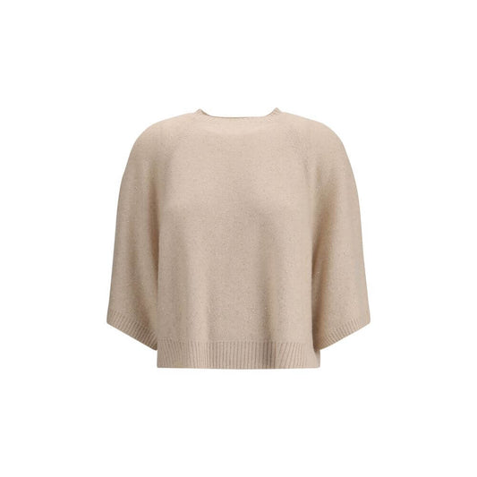 Fabiana Filippi Beige Fleece Wool Sweatshirt with ribbed crew neck and 3/4 sleeves featuring sequin details, AW25 collection.