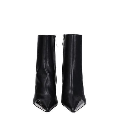 Off-White Black Leather Ankle Boots with side and back logos, zip closure, high heels, and pointy toe style.