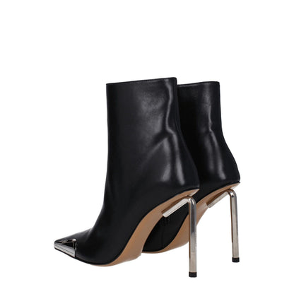Off-White Black Leather Ankle Boots with high heel and pointy toe, featuring side and back logos, zip closure, and silver color details.