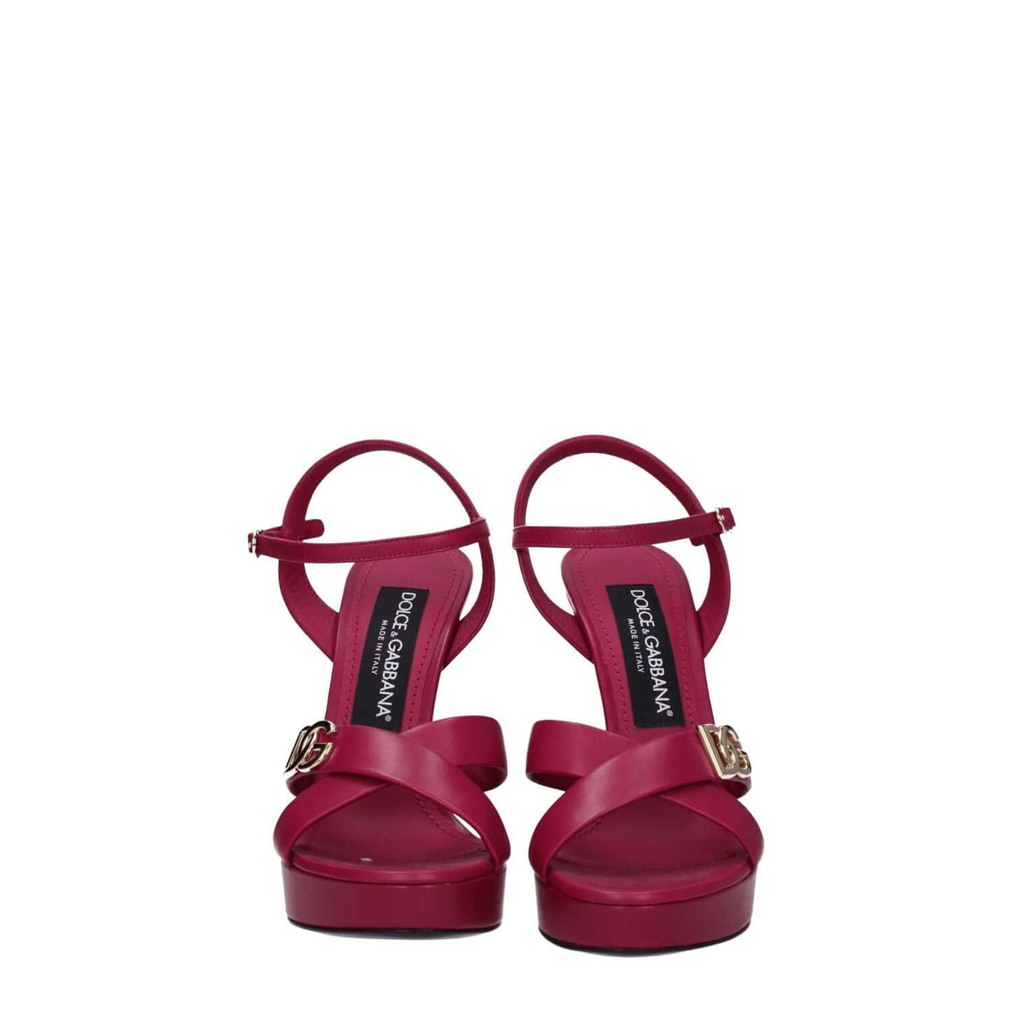 Dolce & Gabbana Pink Leather Platform Sandals with buckle closure, open toe, and high heel, featuring gold side logo.