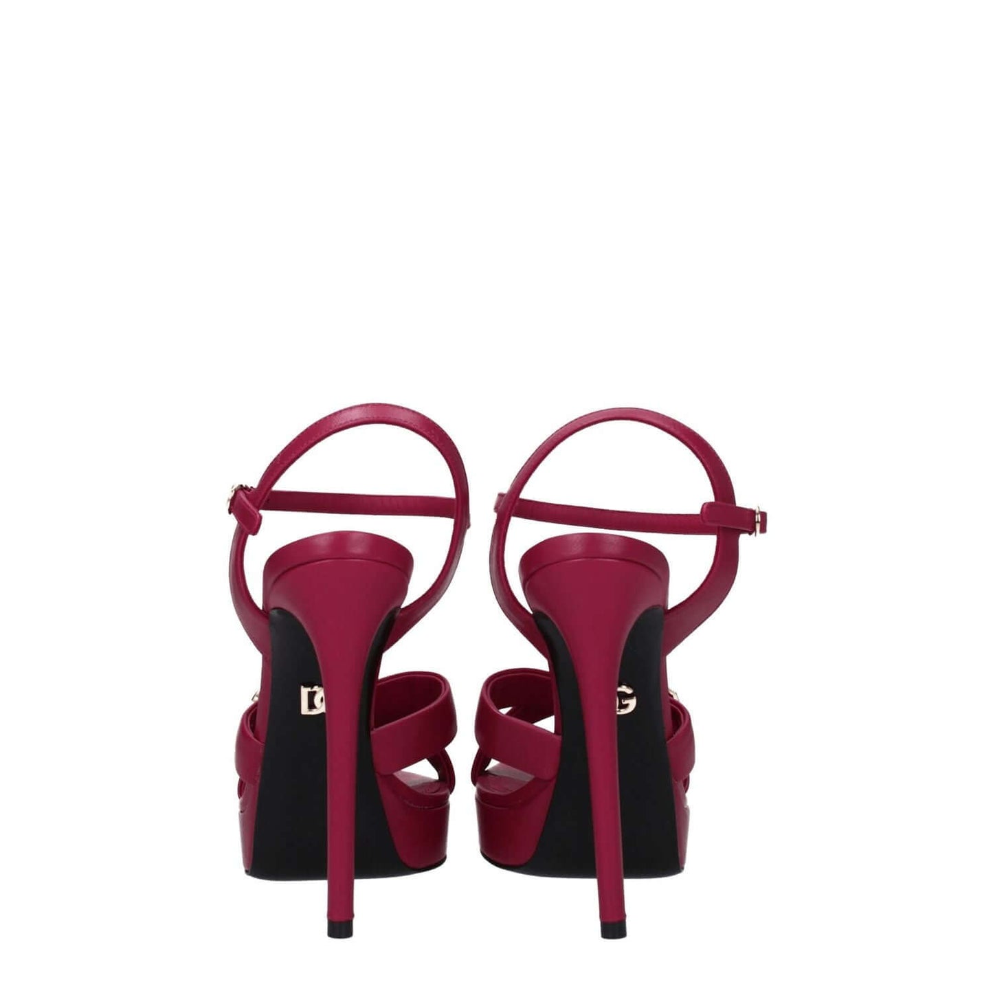 Dolce & Gabbana Pink Leather Platform Sandals with buckle closure and high heels, rear view showing the logo and open toe design.