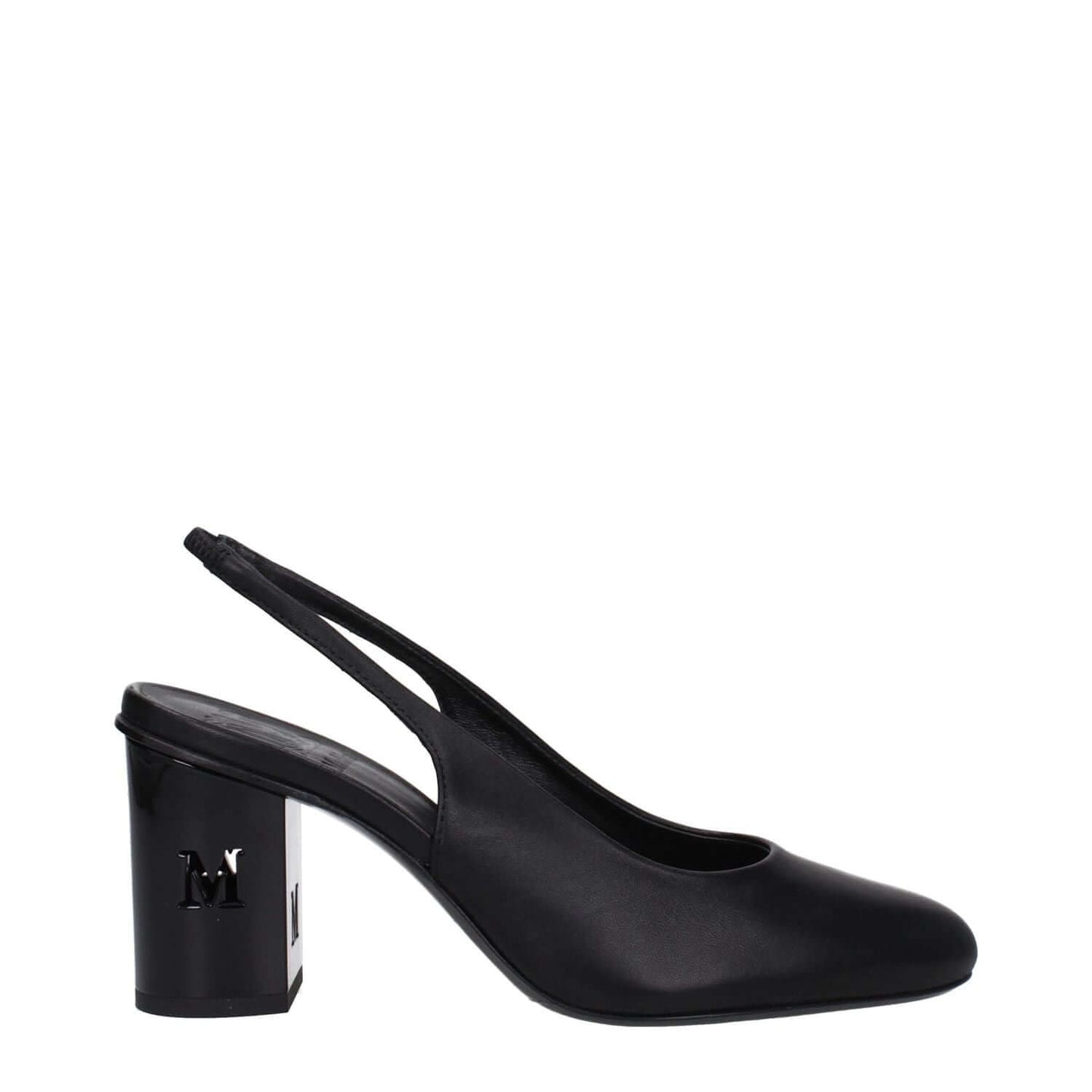 Max Mara Black Leather High Heel Pumps with side and back logo, 7.5 cm mid heel, round toe design.