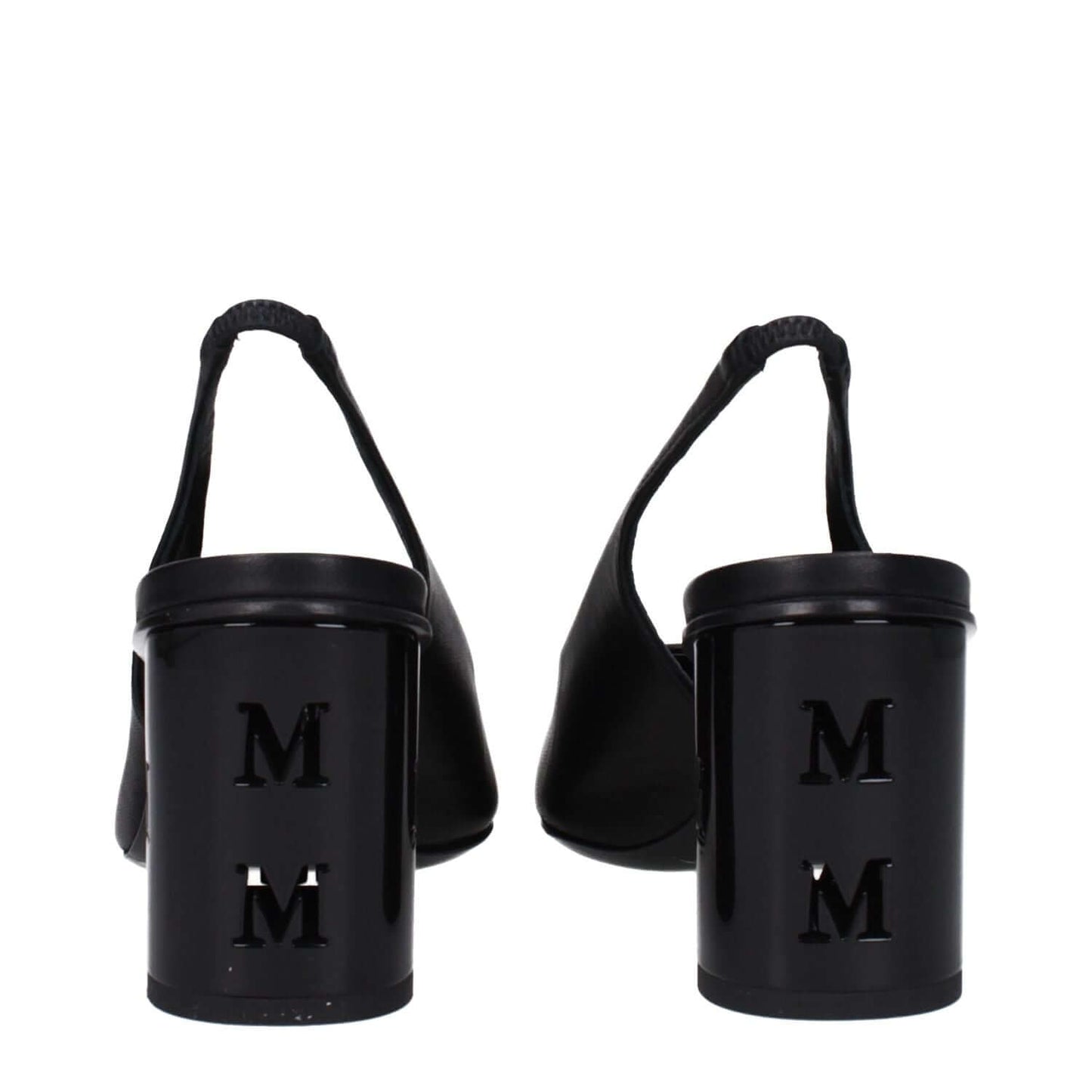 Max Mara Black Leather High Heel Pumps with logo, round toe, and 7.5 cm mid heel.