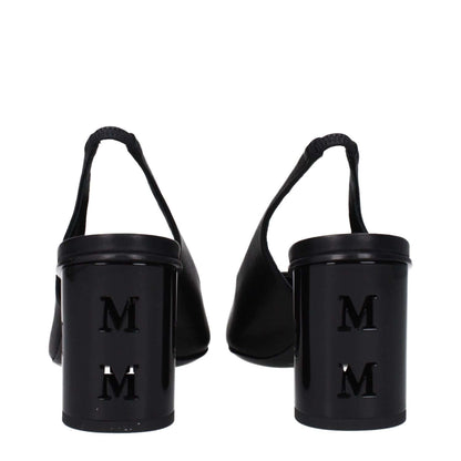 Max Mara Black Leather High Heel Pumps with logo, round toe, and 7.5 cm mid heel.