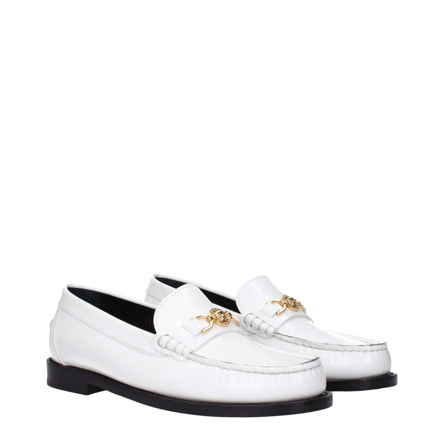 Versace White Leather Slip-On Loafers with front logo detail.