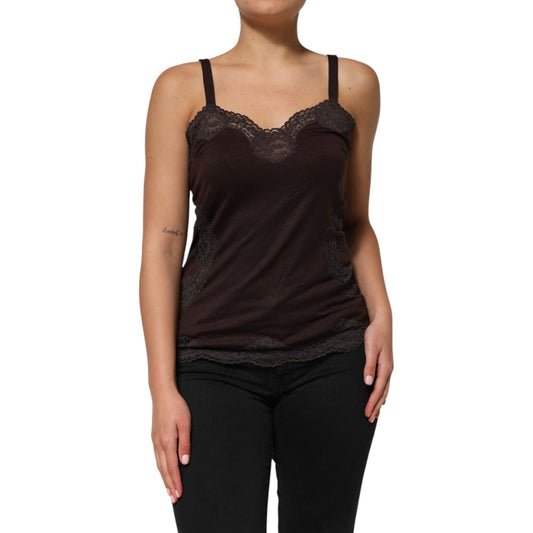 Dolce & Gabbana Dark Brown Lace Trim Wool Sleeveless Tank Top