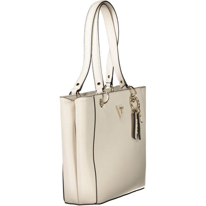 Guess Jeans Beige Polyethylene Handbag with shoulder handles, external pocket, compartments, phone spaces, and logo detailing.