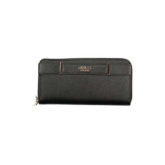 Guess Jeans Black Polyethylene Wallet, sleek design with coin purse, external pocket, compartments, contrasting details, and removable handle.