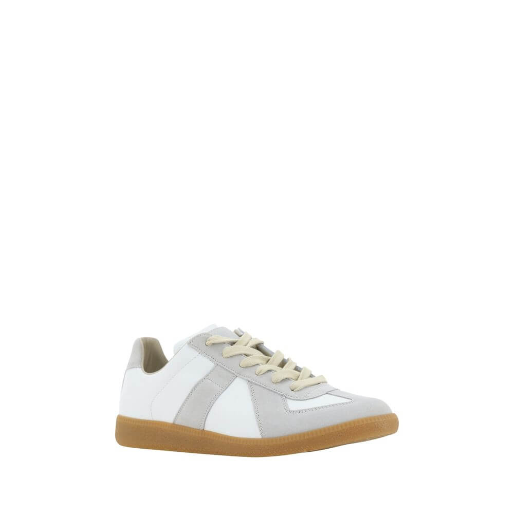 Margiela White Rubber Low Top Sneakers with suede detailing, contrasting gum sole, and front lace-up closure.