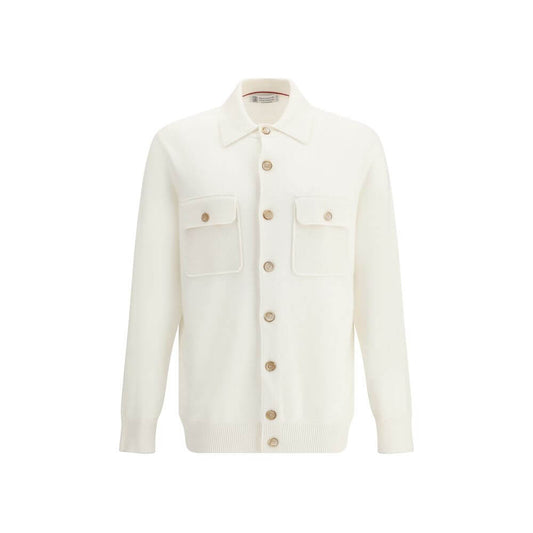 Brunello Cucinelli White Cashmere Cardigan with ribbed collar, button closure, and patch pockets. 100% Cashmere, made in Italy.