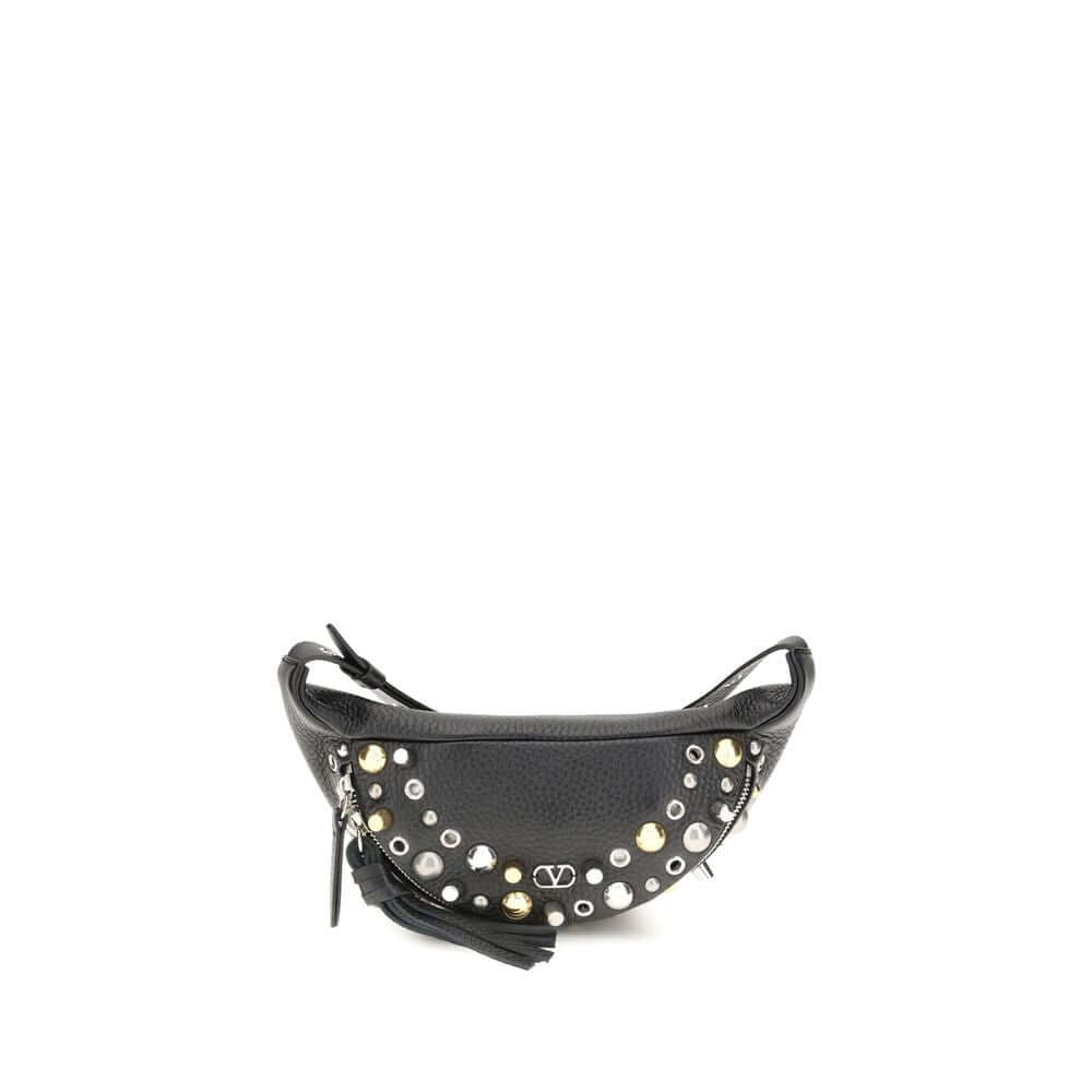 Valentino Garavani Black Calf Leather Bos Taurus Shoulder Bag with studs and VLogo